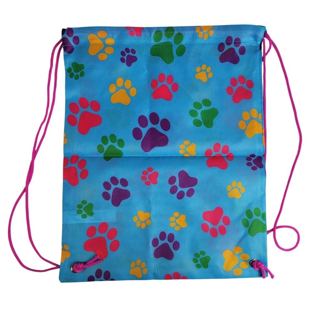 Fashion Angels Dog Paw Print Tote Bag Backpack Blue Pink Drawstring 16"x13"